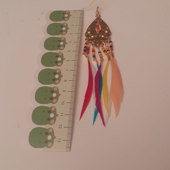 Earrings Bohemian Feather Long Dangle Indian - Picture 4 of 6